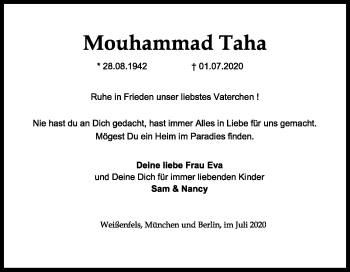 Traueranzeige von Mouhammad Taha von Mitteldeutsche Zeitung Weißenfels