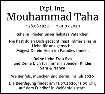 Traueranzeige von Mouhammad Taha von Mitteldeutsche Zeitung Weißenfels