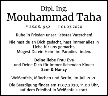 Traueranzeige von Mouhammad Taha von Wochenspiegel Weißenfels