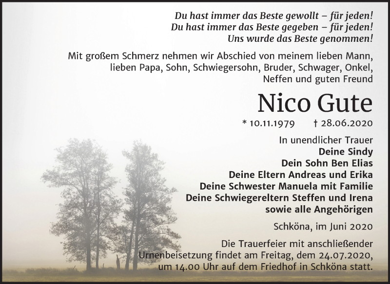 Traueranzeige für Nico Gute vom 11.07.2020 aus Super Sonntag Wittenberg