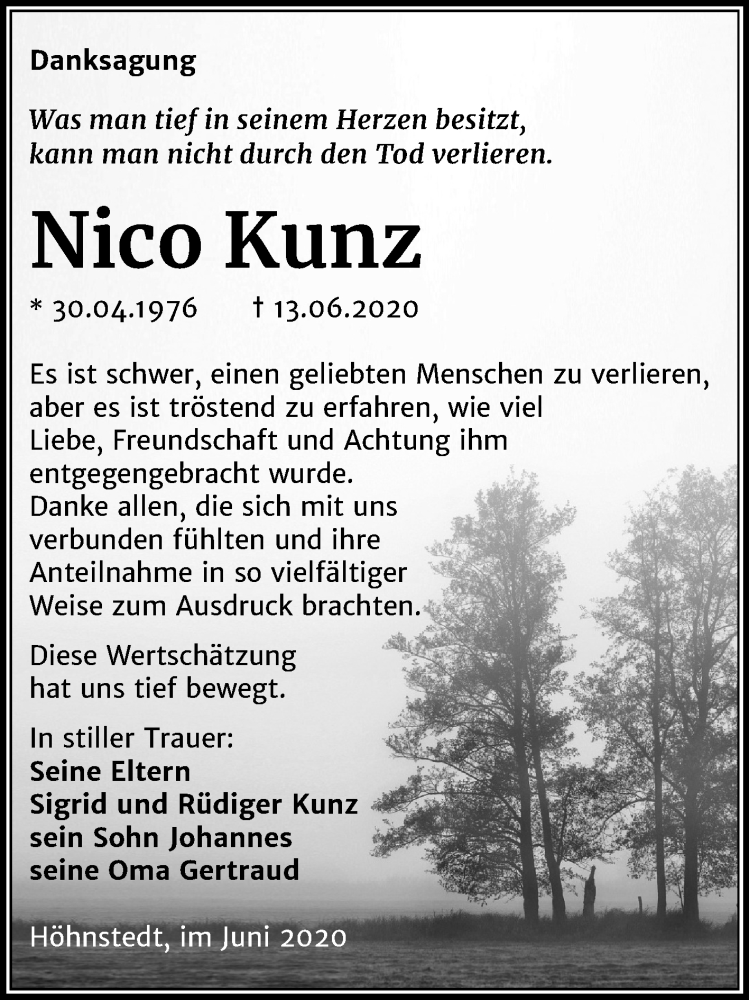  Traueranzeige für Nico Kunz vom 04.07.2020 aus Mitteldeutsche Zeitung Halle/Saalkreis