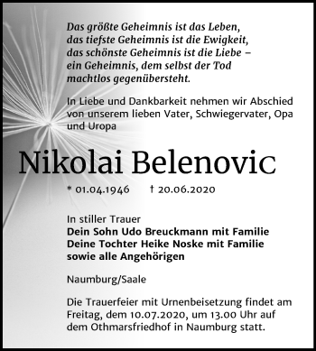 Traueranzeige von Nikolai Belenovic von Wochenspiegel Naumburg/Nebra