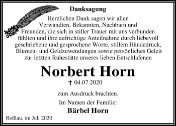 Traueranzeige von Norbert Horn von Mitteldeutsche Zeitung Dessau-Roßlau