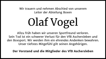 Traueranzeige von Olaf Vogel von Mitteldeutsche Zeitung Aschersleben