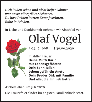 Traueranzeige von Olaf Vogel von Super Sonntag Aschersleben