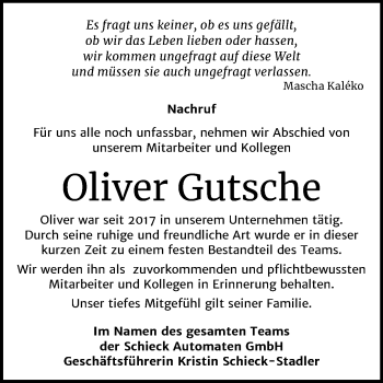 Traueranzeige von Oliver Gutsche von Wochenspiegel Weißenfels