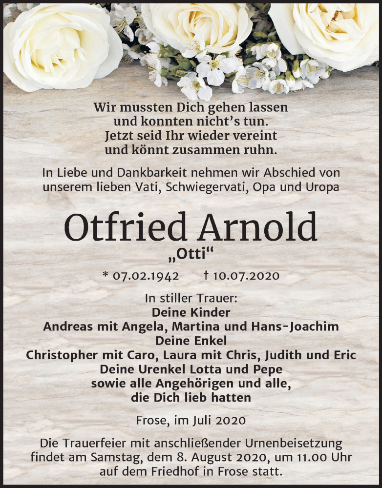  Traueranzeige für Otfried Arnold vom 18.07.2020 aus Super Sonntag Aschersleben