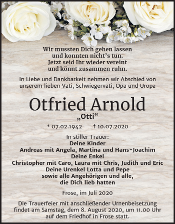 Traueranzeige von Otfried Arnold von Mitteldeutsche Zeitung Aschersleben