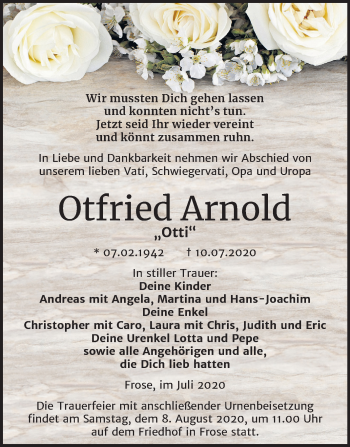 Traueranzeige von Otfried Arnold von Super Sonntag Aschersleben