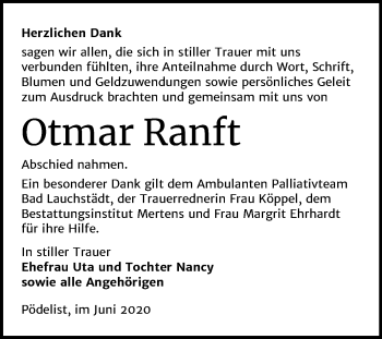 Traueranzeige von Otmar Ranft von Wochenspiegel Naumburg/Nebra
