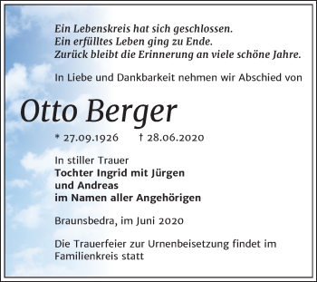 Traueranzeige von Otto Berger von Mitteldeutsche Zeitung Merseburg/Querfurt