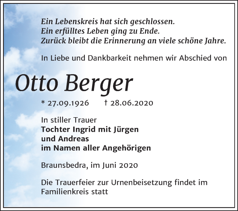  Traueranzeige für Otto Berger vom 04.07.2020 aus Mitteldeutsche Zeitung Merseburg/Querfurt
