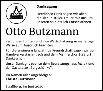 Traueranzeige von Otto Butzmann von Super Sonntag Quedlinburg