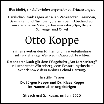 Traueranzeige von Otto Koppe von Mitteldeutsche Zeitung Wittenberg / Merseburg/Querfurt