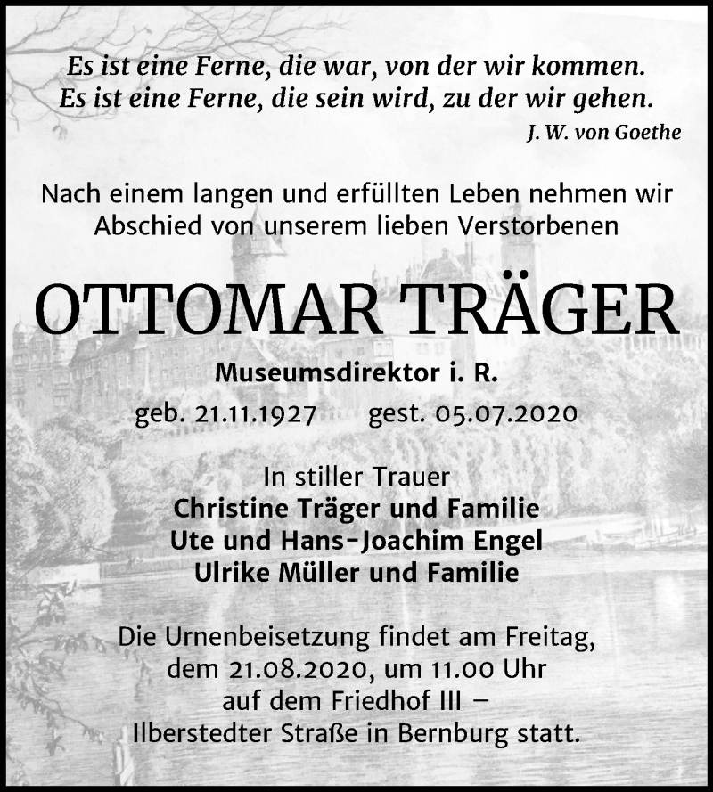  Traueranzeige für Ottomar Träger vom 18.07.2020 aus Super Sonntag Bernburg