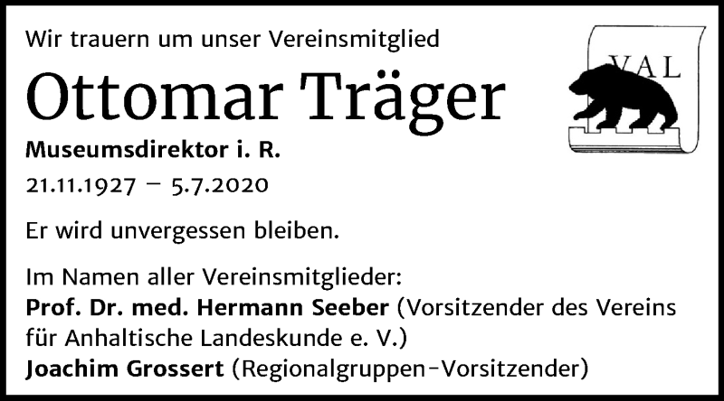  Traueranzeige für Ottomar Träger vom 18.07.2020 aus Super Sonntag Bernburg