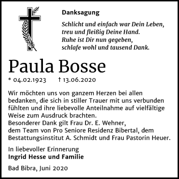Traueranzeige von Paula Bosse von Wochenspiegel Naumburg/Nebra