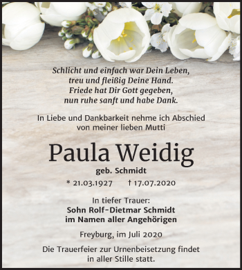 Traueranzeige von Paula Weidig von Mitteldeutsche Zeitung Naumburg/Nebra