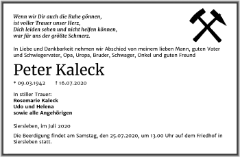 Traueranzeige von Peter Kaleck von Mitteldeutsche Zeitung Mansfelder Land