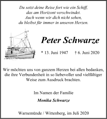 Traueranzeige von Peter Schwarze von Super Sonntag Wittenberg