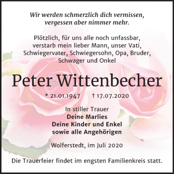 Traueranzeige von Peter Wittenbecher von Super Sonntag Sangerhausen