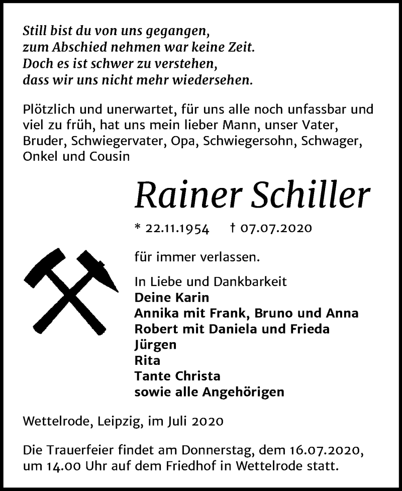  Traueranzeige für Rainer Schiller vom 11.07.2020 aus Super Sonntag Sangerhausen