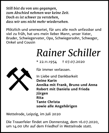 Traueranzeige von Rainer Schiller von Super Sonntag Sangerhausen