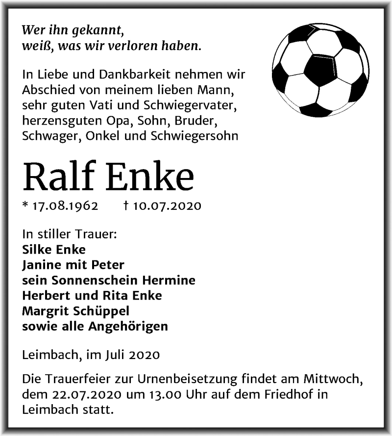  Traueranzeige für Ralf Enke vom 15.07.2020 aus Mitteldeutsche Zeitung Mansfelder Land