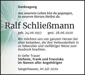 Traueranzeige von Ralf Schließmann von Super Sonntag Sangerhausen