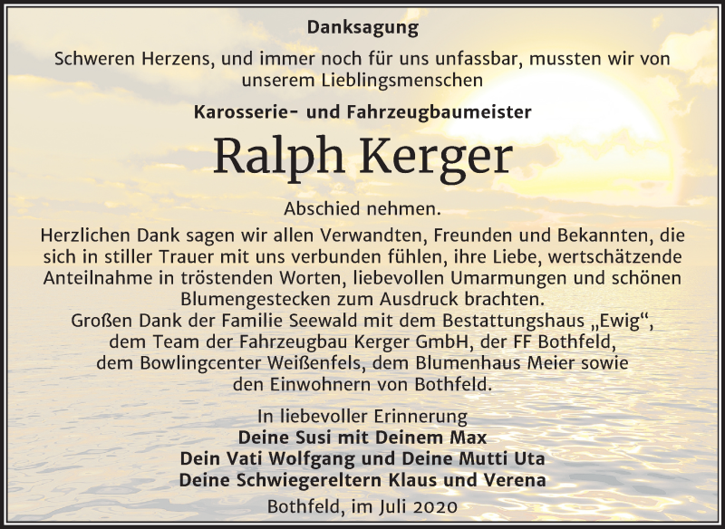 Traueranzeige für Ralph Kerger vom 22.07.2020 aus Wochenspiegel Weißenfels