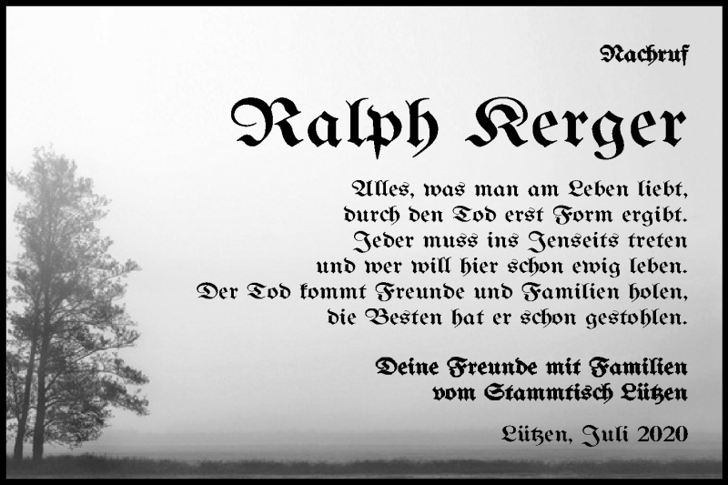 Traueranzeige für Ralph Kerger vom 15.07.2020 aus Wochenspiegel Weißenfels
