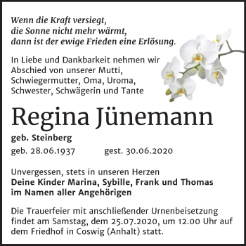Traueranzeige von Regina Jünemann von Super Sonntag Wittenberg