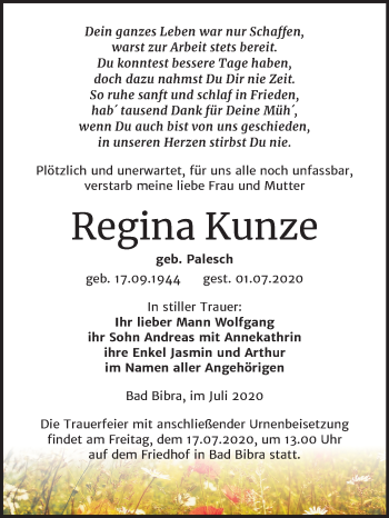 Traueranzeige von Regina Kunze von Mitteldeutsche Zeitung Naumburg/Nebra