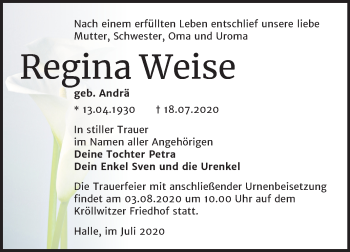 Traueranzeige von Regina Weise von Mitteldeutsche Zeitung Halle/Saalkreis