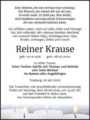Traueranzeige von Reiner Krause von Wochenspiegel Naumburg/Nebra