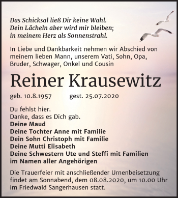 Traueranzeige von Reiner Krausewitz von Mitteldeutsche Zeitung Sangerhausen