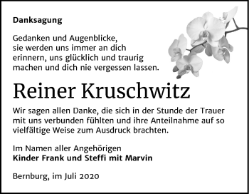 Traueranzeige von Reiner Kruschwitz von Mitteldeutsche Zeitung Bernburg