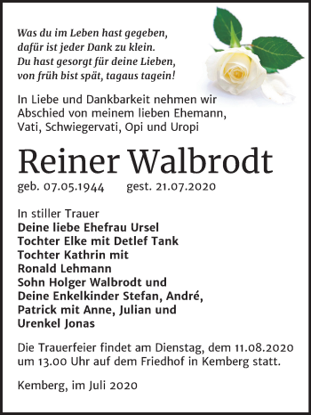 Traueranzeige von Reiner Walbrodt von Mitteldeutsche Zeitung Wittenberg