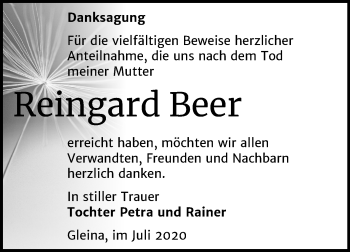 Traueranzeige von Reingard Beer von Mitteldeutsche Zeitung Zeitz