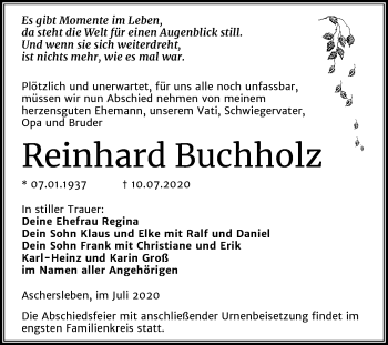 Traueranzeige von Reinhard Buchholz von Mitteldeutsche Zeitung Aschersleben
