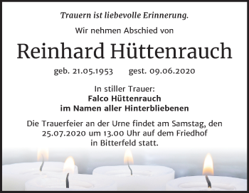 Traueranzeige von Reinhard Hüttenrauch von Wochenspiegel Bitterfeld
