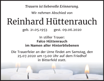 Traueranzeige von Reinhard Hüttenrauch von Mitteldeutsche Zeitung Bitterfeld