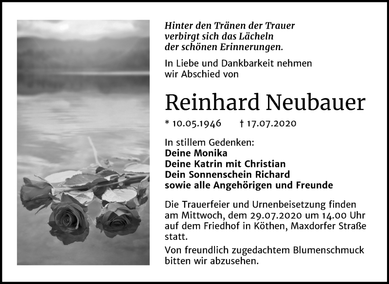 Traueranzeige für Reinhard Neubauer vom 22.07.2020 aus Mitteldeutsche Zeitung Köthen