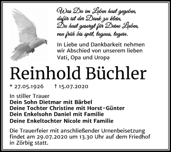 Traueranzeige von Reinhold Büchler von Wochenspiegel Bitterfeld