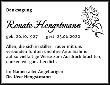 Traueranzeige von Renate Hengstmann von Super Sonntag Köthen