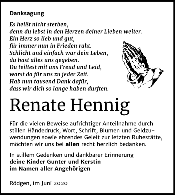 Traueranzeige von Renate Hennig von Wochenspiegel Bitterfeld