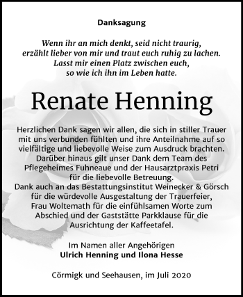 Traueranzeige von Renate Henning von Super Sonntag Bernburg