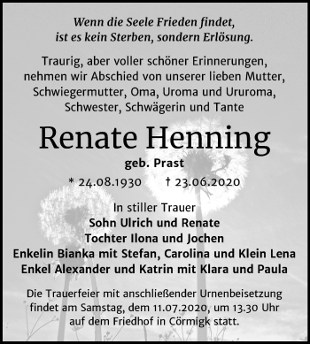 Traueranzeige von Renate Henning von Super Sonntag Bernburg