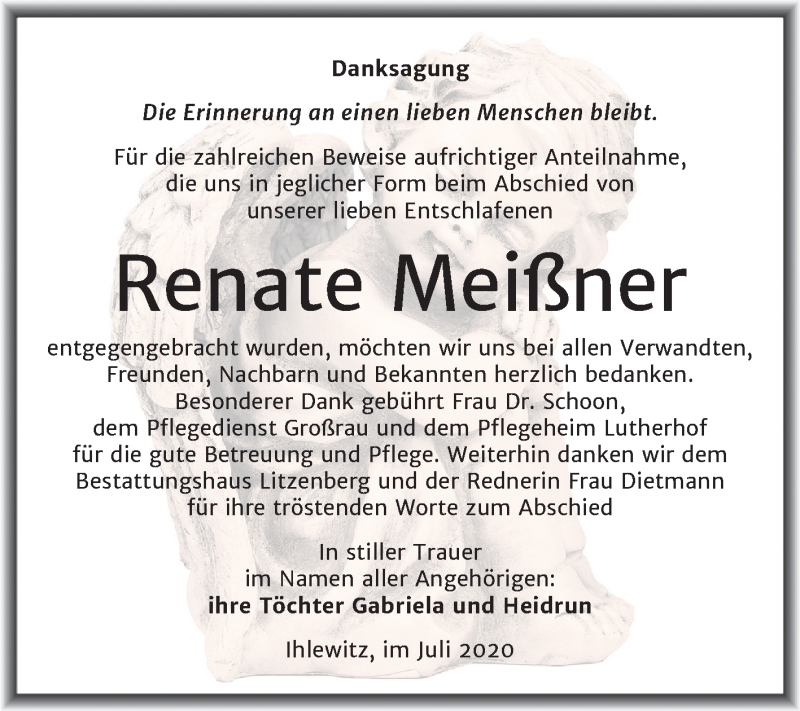 Traueranzeige für Renate Meißner vom 18.07.2020 aus Super Sonntag Mansfelder Land
