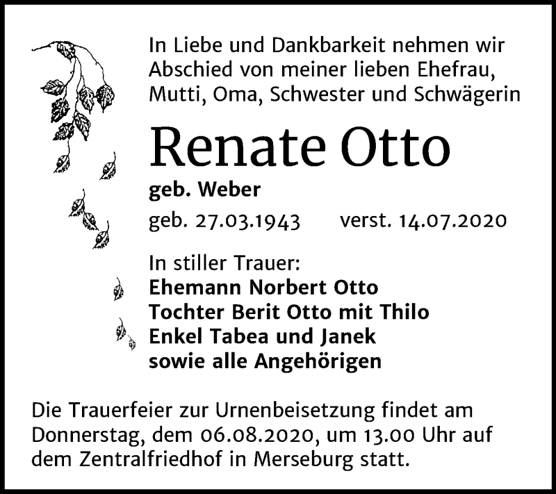 Traueranzeige für Renate Otto vom 25.07.2020 aus Mitteldeutsche Zeitung Merseburg/Querfurt